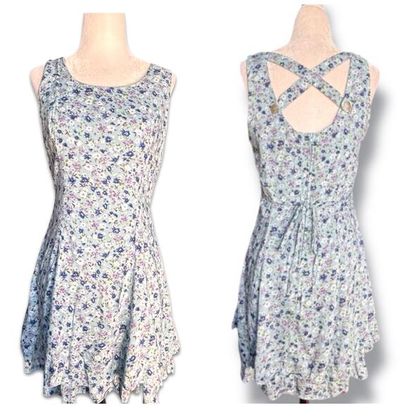 Vintage Dresses & Skirts - Vintage All That Jazz Baby Blue Floral Sleeveless Open Cross Back Mini Dress